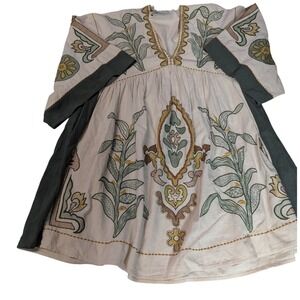 ZARA Embroidered Linen Blend Kaftan Tunic Mini Dress Cream Green Boho Small